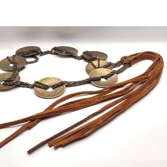 Vintage 60s hippie boho belt with gold tone concho disc medallions tassels - Picture 4 of 11